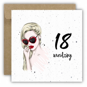 Kartka na 18 urodziny osiemnastkę urodzinowa z liczbą kobieta okulary blond