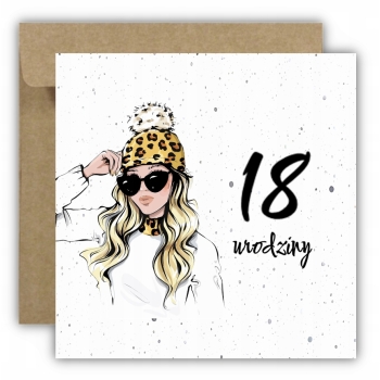 Kartka na 18 urodziny osiemnastkę urodzinowa z liczbą kobieta czapka blond