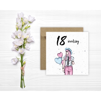 Kartka na 18 urodziny osiemnastkę urodzinowa z liczbą kobieta serca pastel