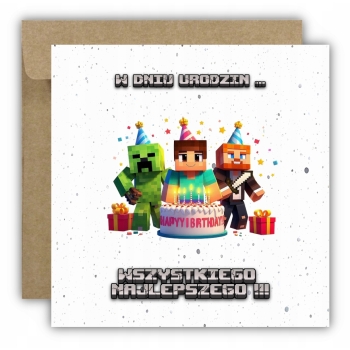 Kartka na urodziny dla dzieci minecraft Creeper tort czapeczki