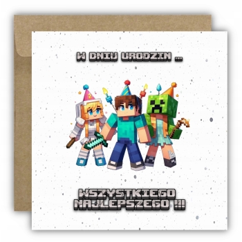 Kartka na urodziny dla dzieci minecraft Creeper świeczki czapeczki
