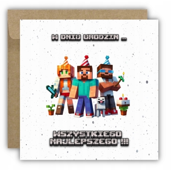 Kartka na urodziny urodzinowa dla dzieci minecraft steve czapeczki