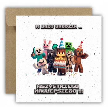 Kartka na urodziny dla dzieci minecraft alex czapeczki tort