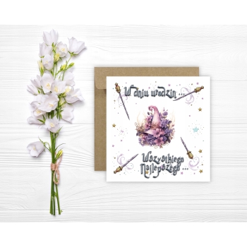 Kartka na urodziny dla dzieci Harry Potter róźdżka czapka magika kwiaty