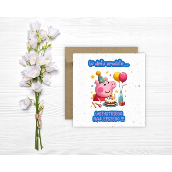 Kartka na urodziny urodzinowa dla dzieci Świnka Peppa tort balony