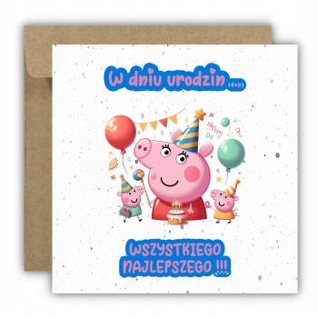 Kartka na urodziny dla dzieci Świnka Peppa tort balony małe świnki