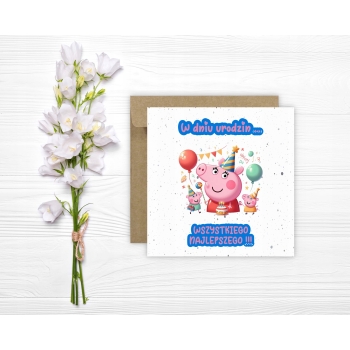 Kartka na urodziny dla dzieci Świnka Peppa tort balony małe świnki