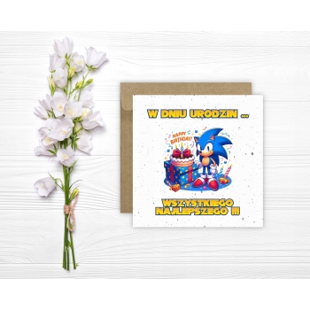 Kartka na urodziny dla dzieci Sonic X jeż tort prezent happy