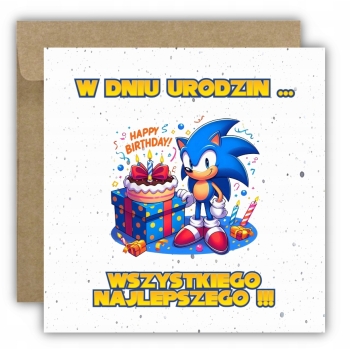 Kartka na urodziny dla dzieci Sonic X jeż tort prezent happy