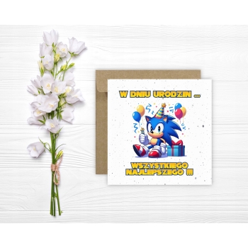 Kartka na urodziny dla dzieci Sonic X jeż balony prezent happy