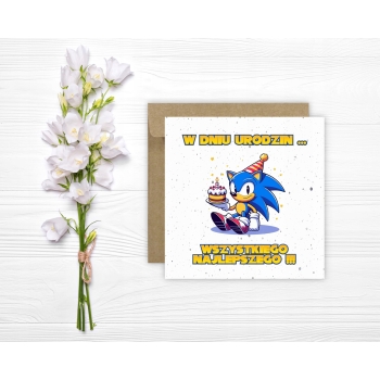 Kartka na urodziny urodzinowa dla dzieci Sonic X jeż czapeczka torcik