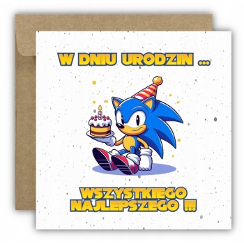 Kartka na urodziny urodzinowa dla dzieci Sonic X jeż czapeczka torcik