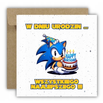 Kartka na urodziny dla dzieci Sonic X jeż czapeczka torcik świeczki