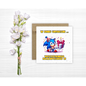 Kartka na urodziny dla dzieci Sonic X jeż czapeczka prezent świeczka