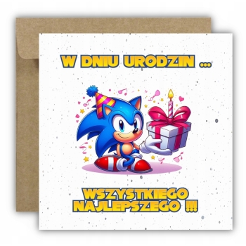 Kartka na urodziny dla dzieci Sonic X jeż czapeczka prezent świeczka