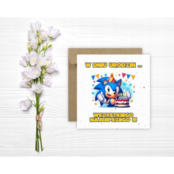 Kartka na urodziny dla dzieci Sonic X jeż czapeczka torcik girlanda