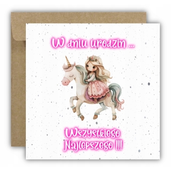 Kartka na urodziny dla dzieci księżniczka korona koń