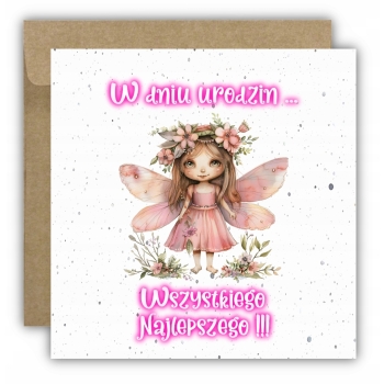 Kartka na urodziny dla dzieci księżniczka motylek kwiaty