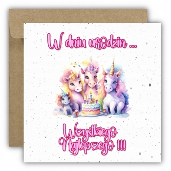 Kartka na urodziny dla dzieci jednorożec koń pony torcik