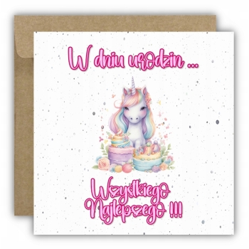 Kartka na urodziny dla dzieci jednorożec koń pony torty pastelowa