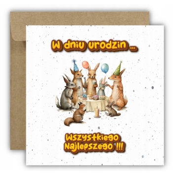 Kartka na urodziny urodzinowa dla dzieci zwierzątka zoo wiewiórka balony