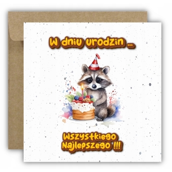 Kartka na urodziny dla dzieci zwierzątka zoo szop tort