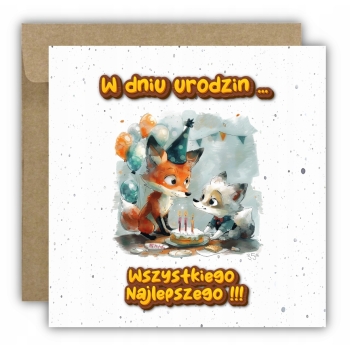 Kartka na urodziny dla dzieci zwierzątka zoo lis liski balony girlanda tort