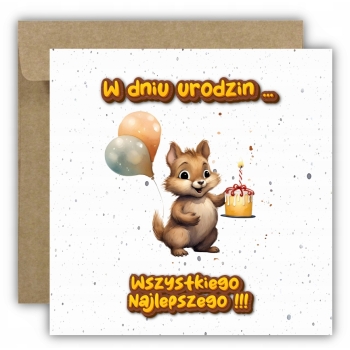 Kartka na urodziny dla dzieci zwierzątka zoo mała wiewiórka tort balony