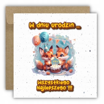 Kartka na urodziny dla dzieci zwierzątka zoo liski girlanda balony