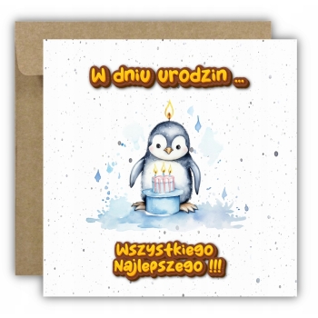 Kartka na urodziny dla dzieci zwierzątka zoo pingwin tort świeczki