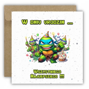 Kartka na urodziny dla dzieci Wojownicze Żółwie Ninja czapeczki torcik