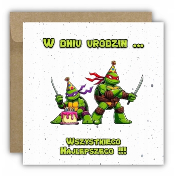 Kartka na urodziny dla dzieci Wojownicze Żółwie Ninja czapeczki tort miecze