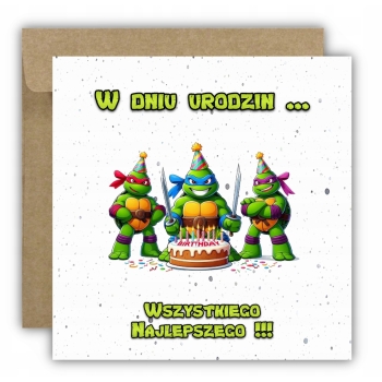 Kartka na urodziny urodzinowa dla dzieci Wojownicze Żółwie Ninja torcik