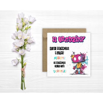 Kartka na 11 urodziny urodzinowa graffiti skate robot cytat kolorowa