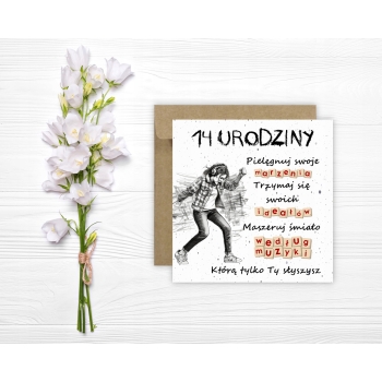 Kartka na 14 urodziny urodzinowa muzyka muzyczna dla dziewczyny cytat