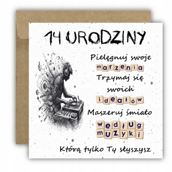 Kartka na 14 urodziny urodzinowa muzyka muzyczna dla chłopaka cytat
