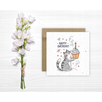 Kartka okolicznościowa na urodziny URODZINOWA Happy Birthday kotek tort