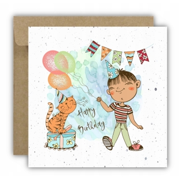 Kartka okolicznościowa na urodziny URODZINOWA Happy Birthday tort balon kot