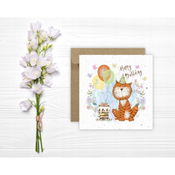 Kartka okolicznościowa na urodziny URODZINOWA Happy Birthday tort kotek