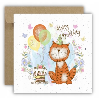 Kartka okolicznościowa na urodziny URODZINOWA Happy Birthday tort kotek