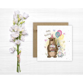 Kartka okolicznościowa na urodziny URODZINOWA Happy Birthday tort miś
