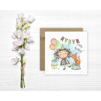 Kartka okolicznościowa na urodziny URODZINOWA Happy Birthday tort czapeczka