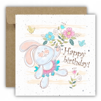 Kartka okolicznościowa na urodziny URODZINOWA Birthday króliczek kwiaty