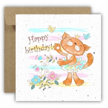 Kartka okolicznościowa na urodziny URODZINOWA Happy Birthday kotek kwiaty
