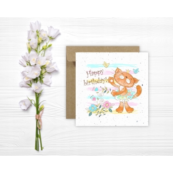 Kartka okolicznościowa na urodziny URODZINOWA Happy Birthday kotek kwiaty