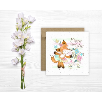 Kartka okolicznościowa na urodziny URODZINOWA Happy Birthday lisek kwiaty