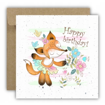 Kartka okolicznościowa na urodziny URODZINOWA Happy Birthday lisek kwiaty