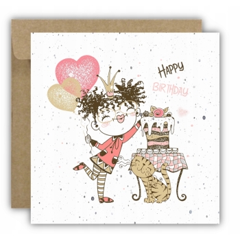 Kartka okolicznościowa na urodziny URODZINOWA Happy Birthday tort kotek