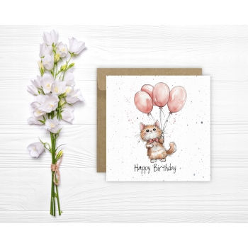 Kartka okolicznościowa na urodziny URODZINOWA Happy Birthday kotek balony