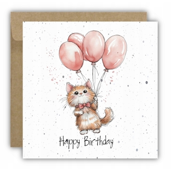 Kartka okolicznościowa na urodziny URODZINOWA Happy Birthday kotek balony